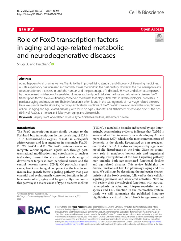 Role of FoxO Transcription Factors in Aging and Age-related Metabolic ...