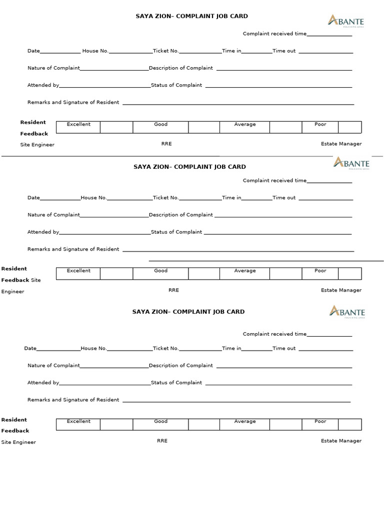 Job Cards Format-saya Zion | PDF