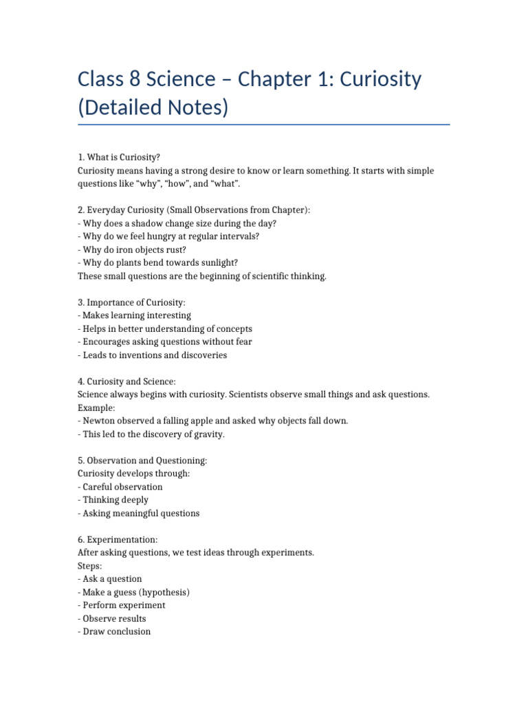Class 8 Curiosity Chapter 1 Detailed Notes | PDF