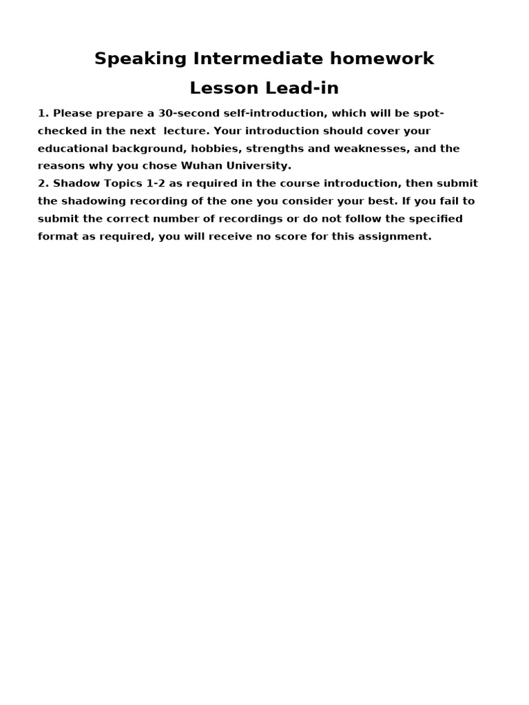 Speaking Intermediate Homework Lesson Lead-In | PDF
