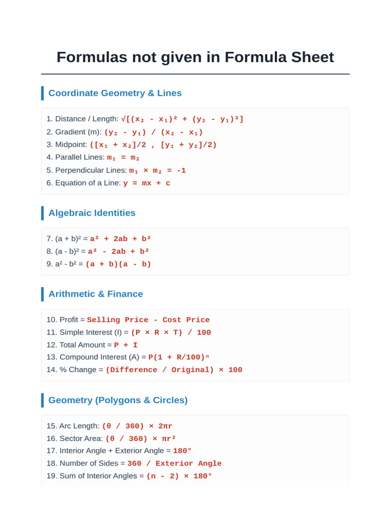 Formulas Not Given in Formula Sheet | PDF
