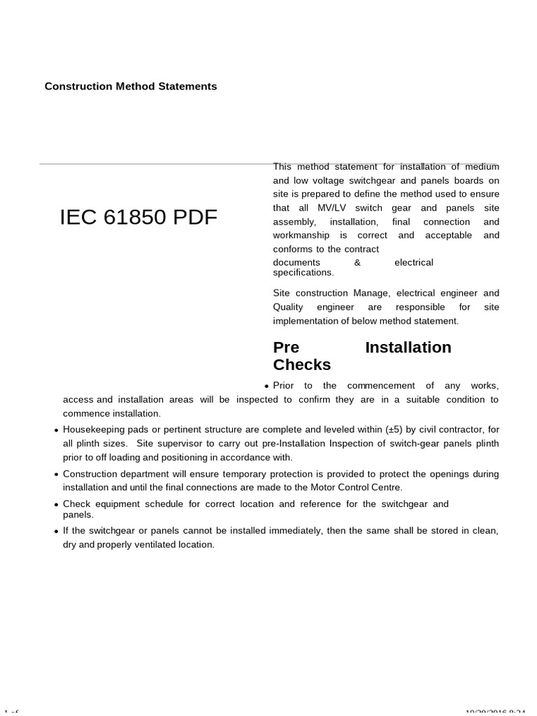 Installation of Mv Lv Switchgear Amp Panels Method Statement PDF Free ...