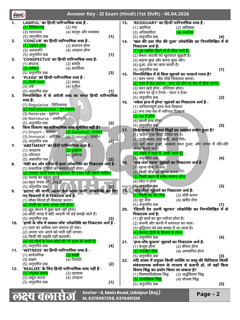 RPSC Sub Inspector Exam 6 April 2026 First Shift Download | PDF
