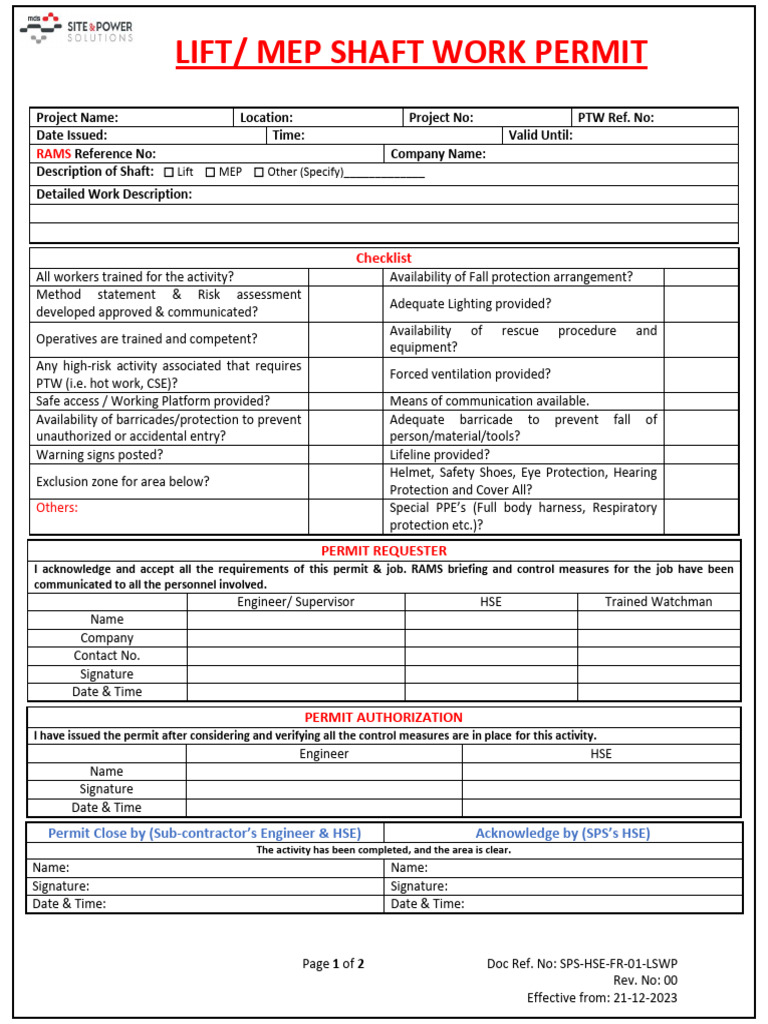 Lift- MEP Shaft Work Permit | PDF | Safety | Occupational Safety And Health