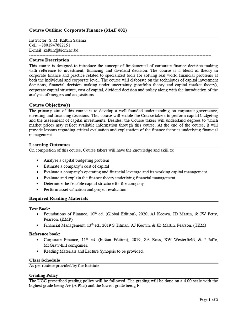 Course Outline - Corporate Finance - MAF 601 - Spring 2026 - KBS | PDF ...