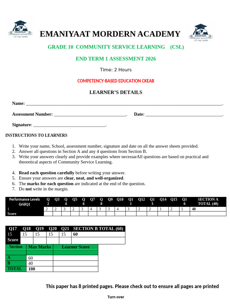 2026 Grade 10 CSL End Term | PDF