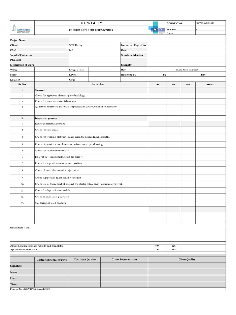 08 Checklist for Formwork (4) | PDF | Civil Engineering