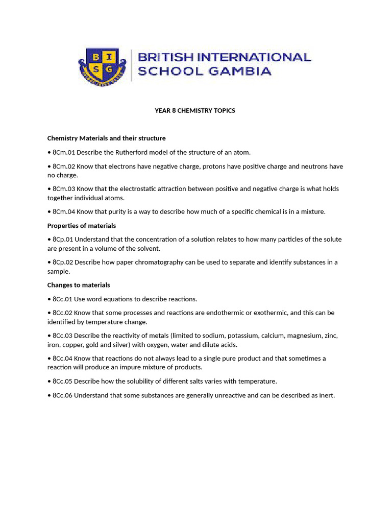 Year 8 Chemistry Topics | PDF