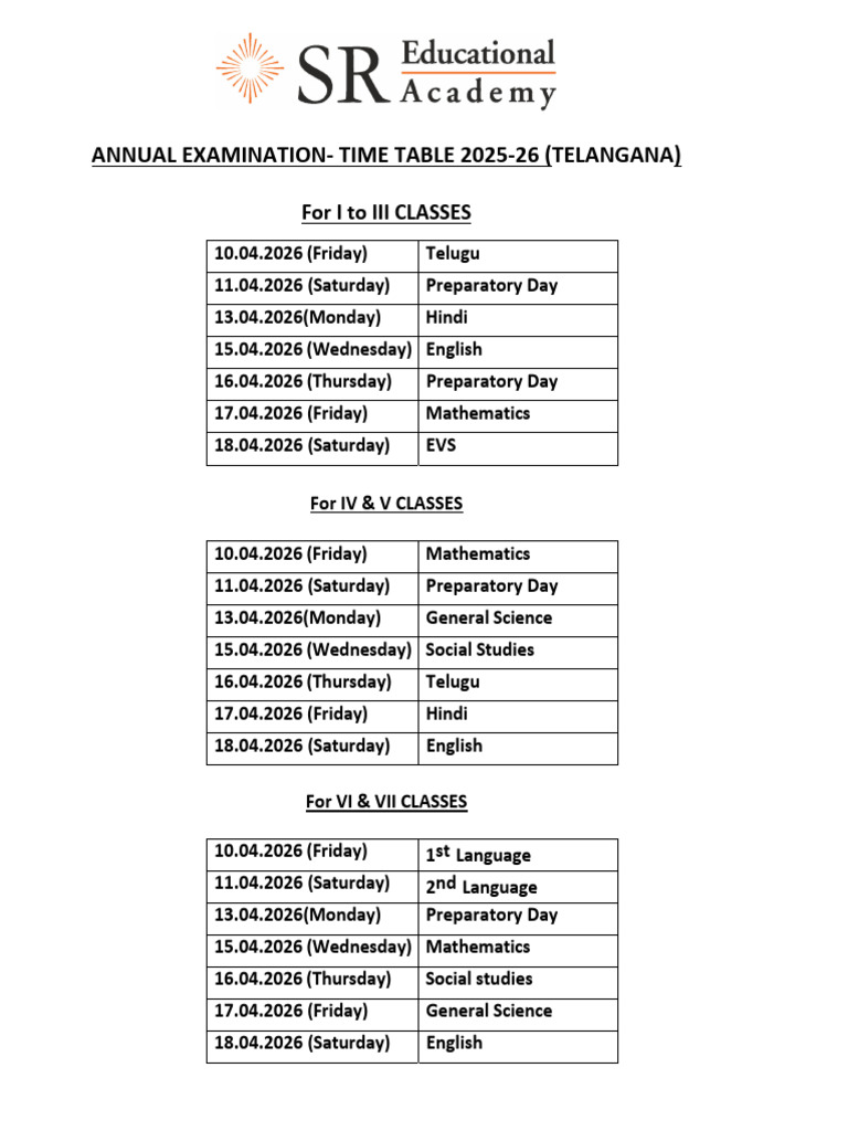 Revised Annual Examination Time Table 2026-Telangana | PDF