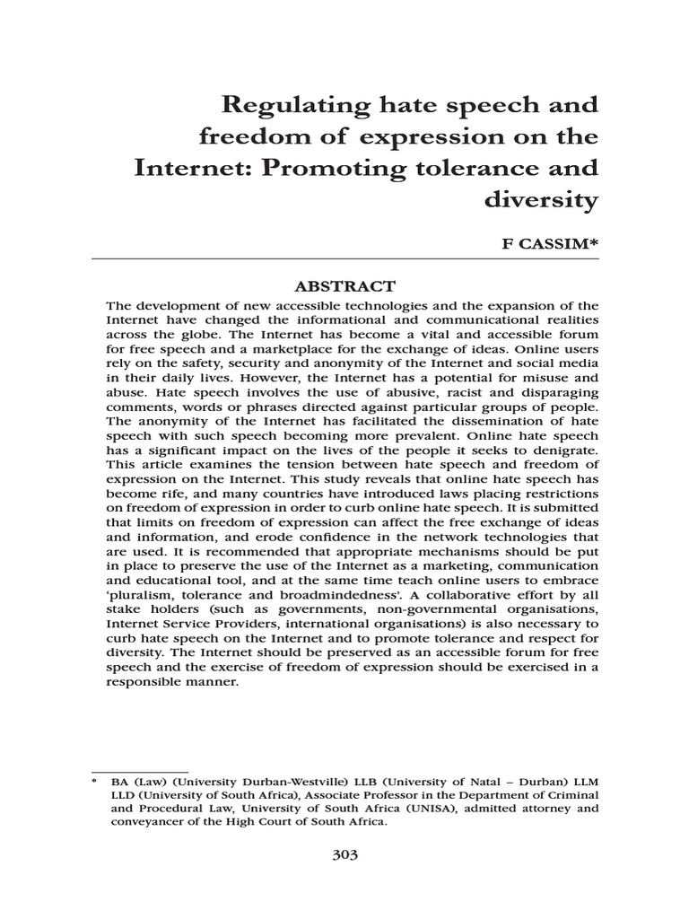 Cassim 2015 Regulating Hate Speech and Freedom of Expression on the ...