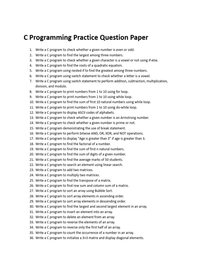 C Programming Practice Question Paper | PDF | Matrix (Mathematics ...