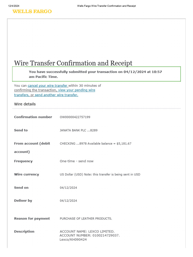 Wells Fargo Wire Transfer Confirmation and Receipt | PDF | Wire ...