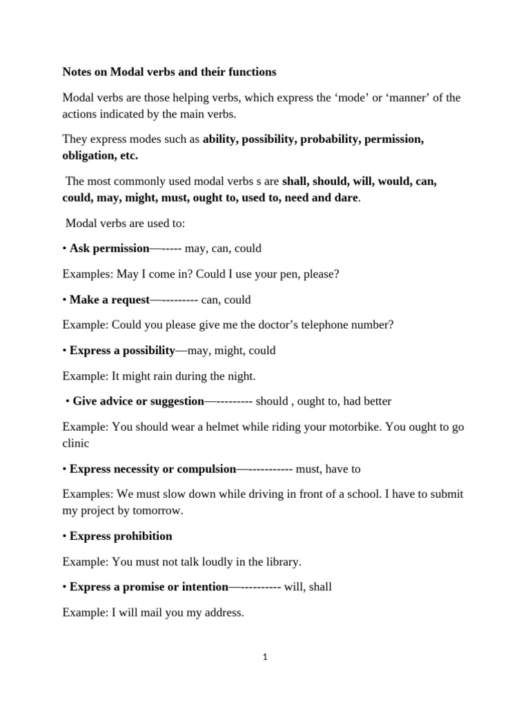 Notes on Modal Verbs and Their Functions | PDF | Verb | Grammar