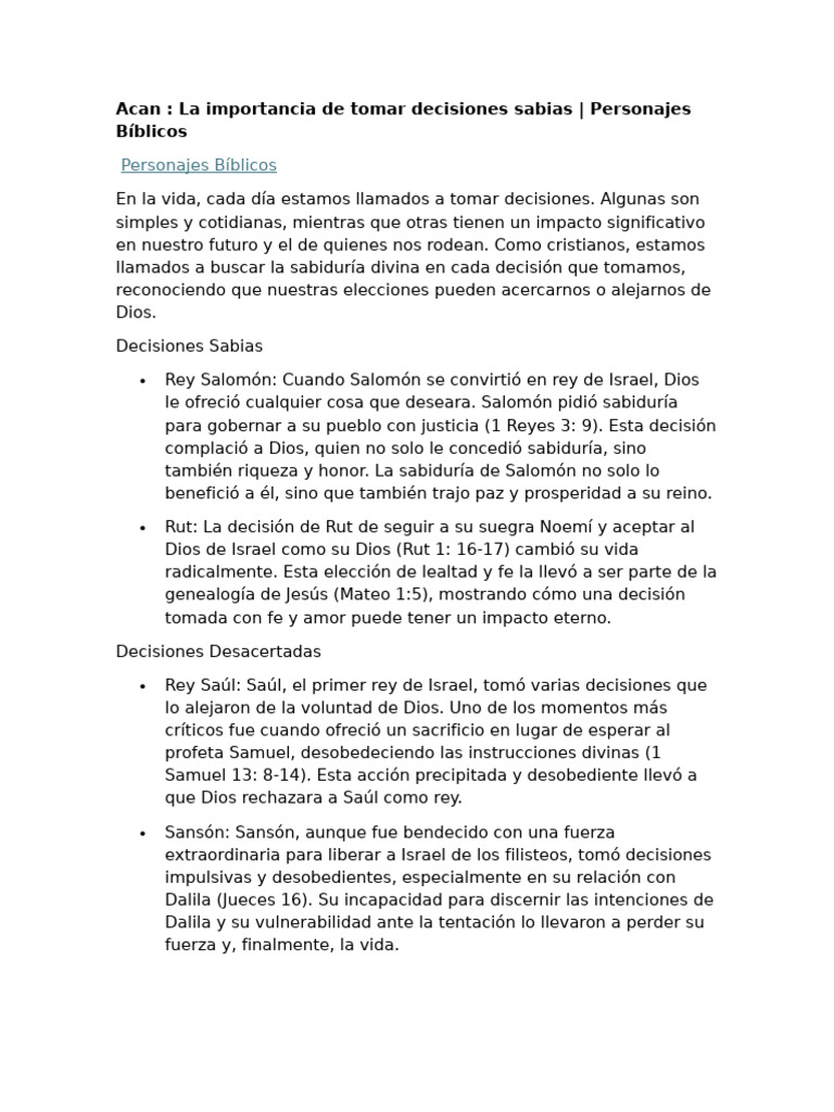 Acan La Importancia de Tomar Decisiones Sabias | PDF | Libro de rut | Saulo