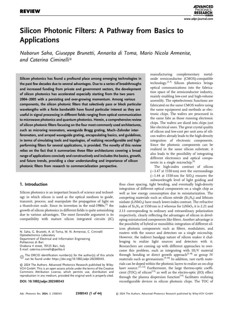 Advanced Photonics Research - 2024 - Saha - Silicon Photonic Filters a ...