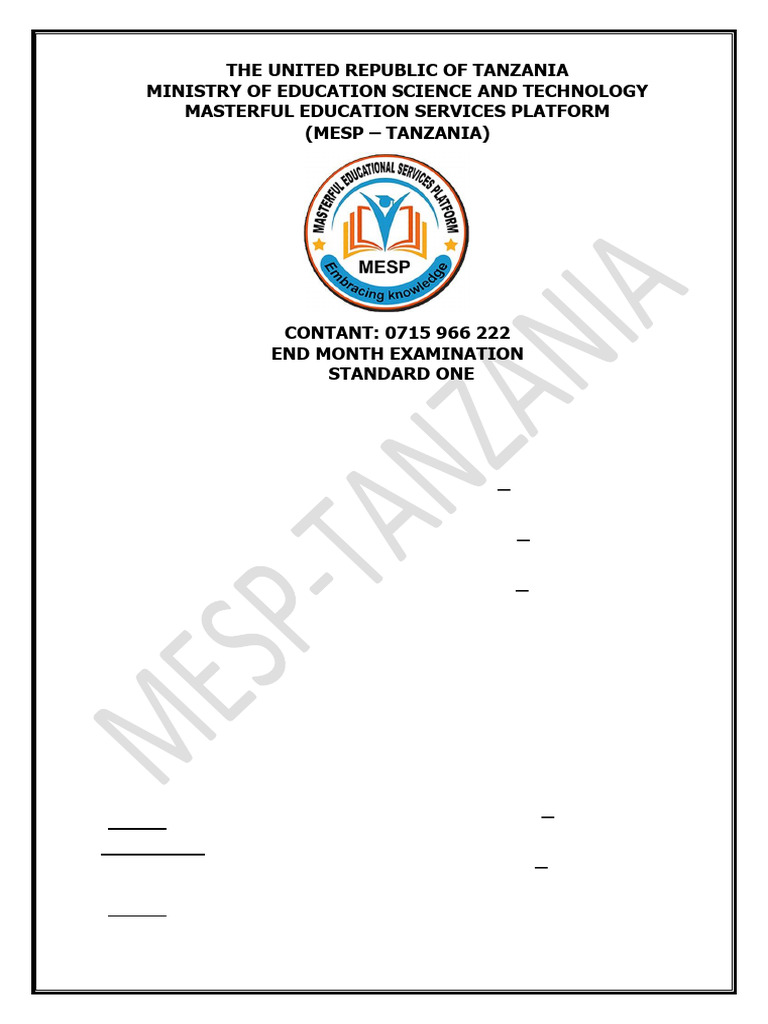 Mesp-tanzania Std i, April End Month Exam, | PDF