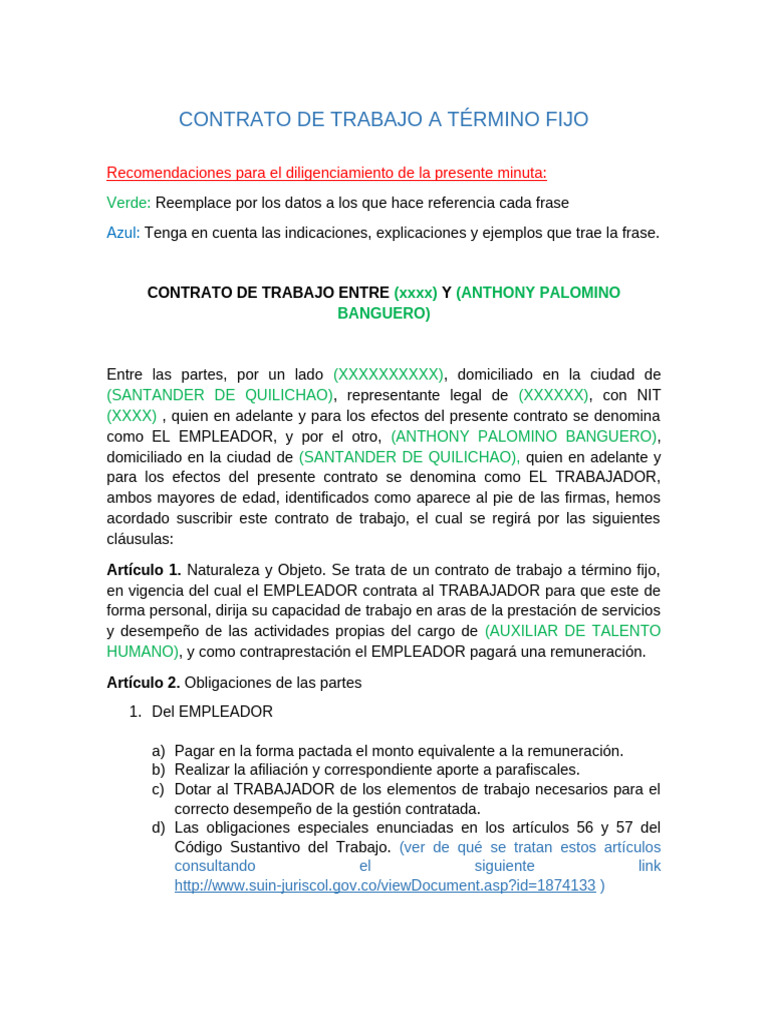 Formato Contrato A Termino Fijo | PDF | Salario | Tiempo de trabajo