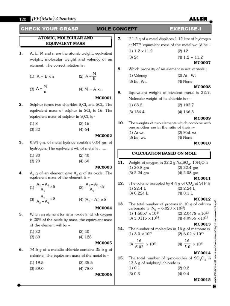 Mole Exercise Worksheet-2 | PDF | Mole (Unit) | Chemical Elements