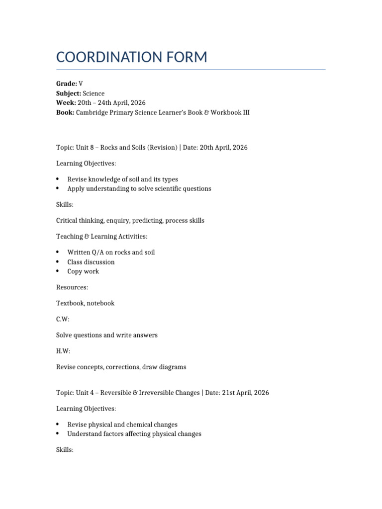 Coordination Form Science Grade5 | PDF