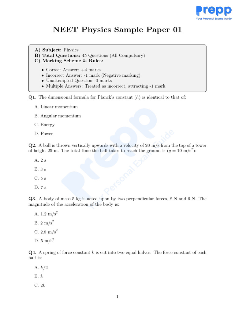 NEET Physics Sample Paper 1 9bb38e3264e61382b36efc3bce0465d4 | PDF ...