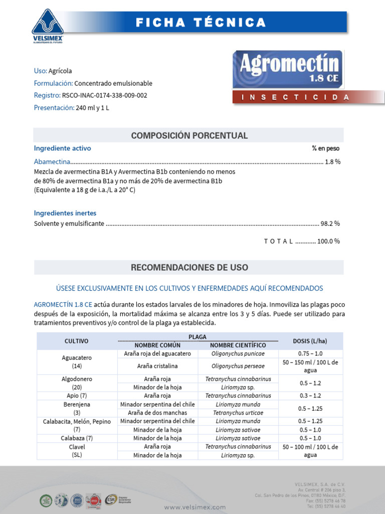 Ficha Tecnica Agromectin 1.8 Ce NF | PDF | Agua | Vómitos