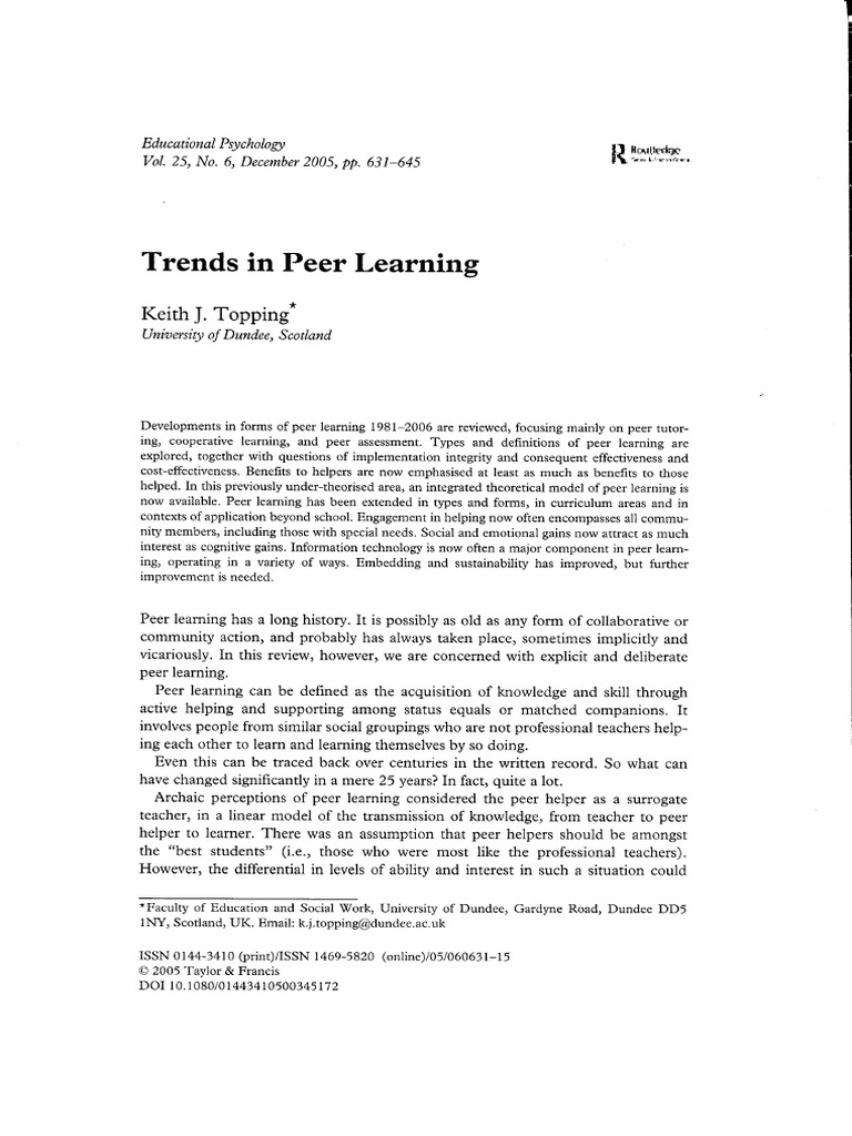 Trends in Peer Learning Keith J. Topping | PDF | Learning | Cognitive ...