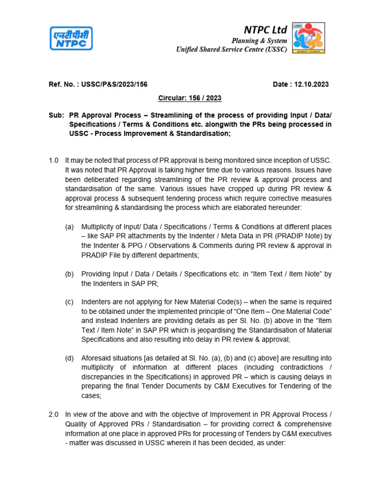 156 Circular - PR Approval Process - Process Improvement and ...