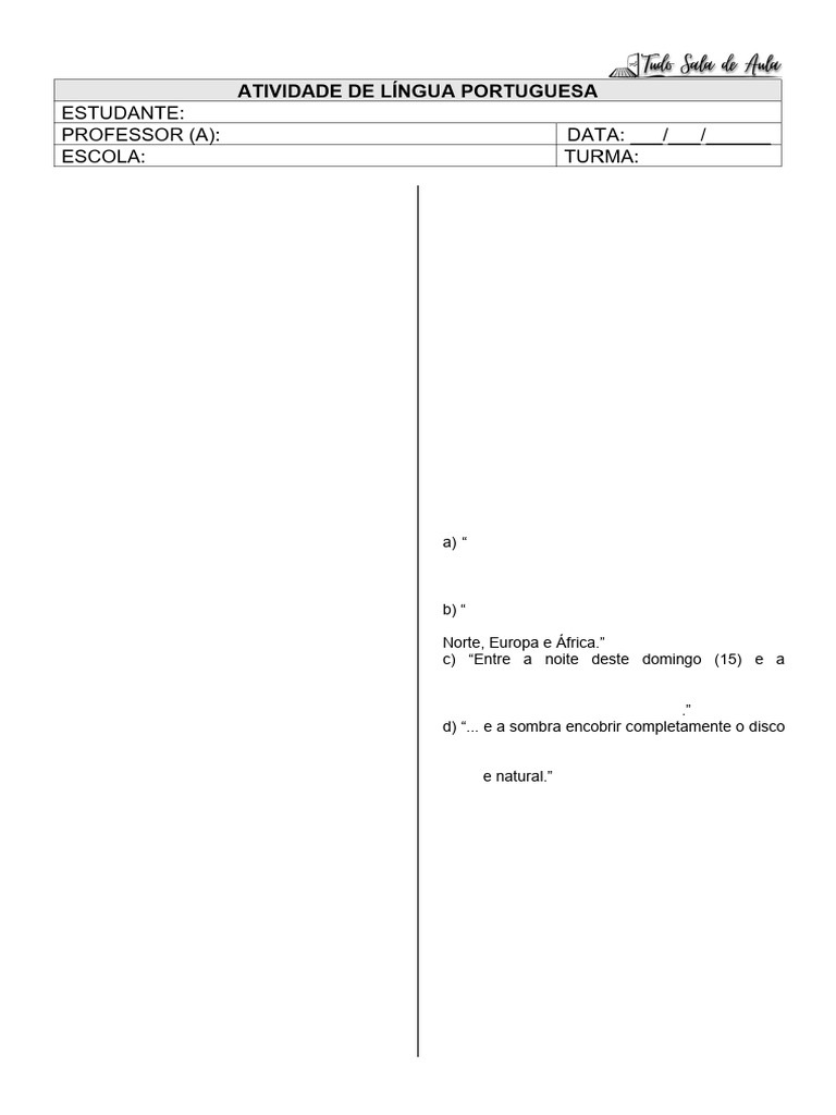 Atividade Notícia - Eclipse - Tudo Sala de Aula | PDF | Eclipse | Lua
