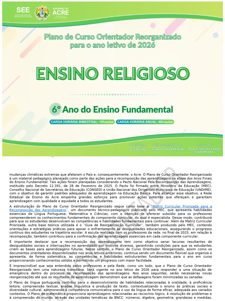 Plano de Curso Ensino Religioso 6º Ano 2026 (1) | PDF | Aprendizado ...