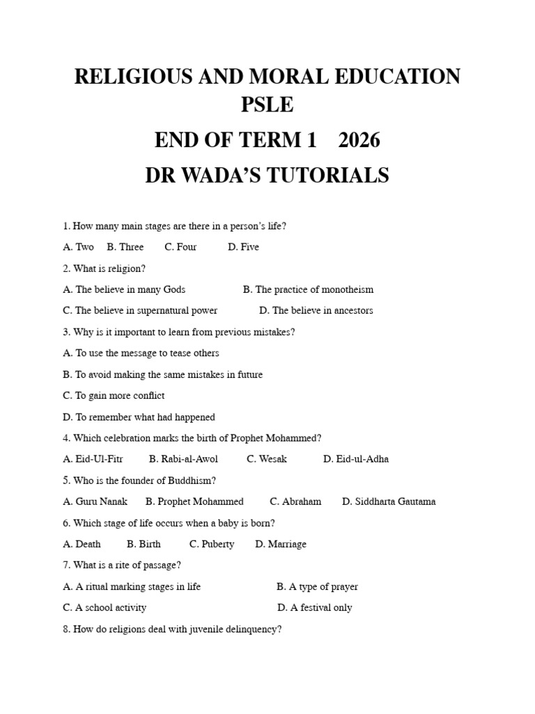 Psle Rme End of Term 1 | PDF