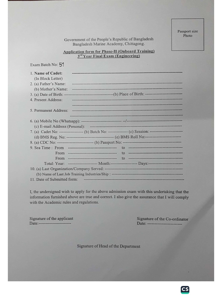 Application Form for Phase -II (Onboard Training) 3rd Year Final Exam ...
