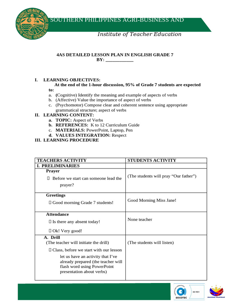 Format of 4as Lesson Plan 1 (2) | PDF | Grammatical Tense | Verb