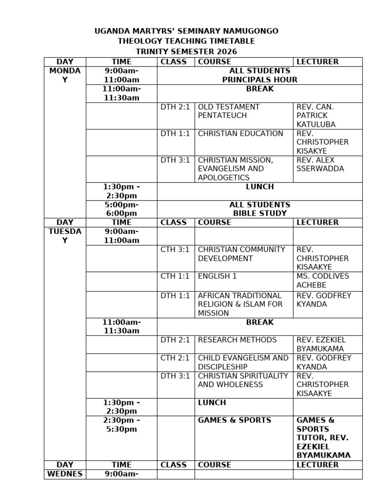 Trinity Semester 2026, Teaching Timetable | PDF | Christian Mission ...