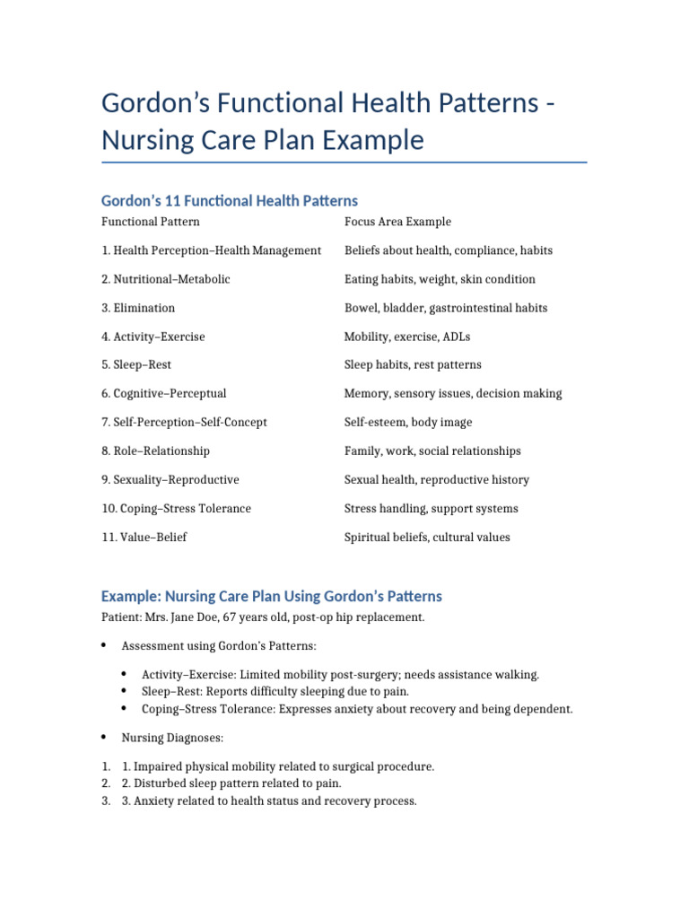 Gordon Functional Health Patterns Example | PDF