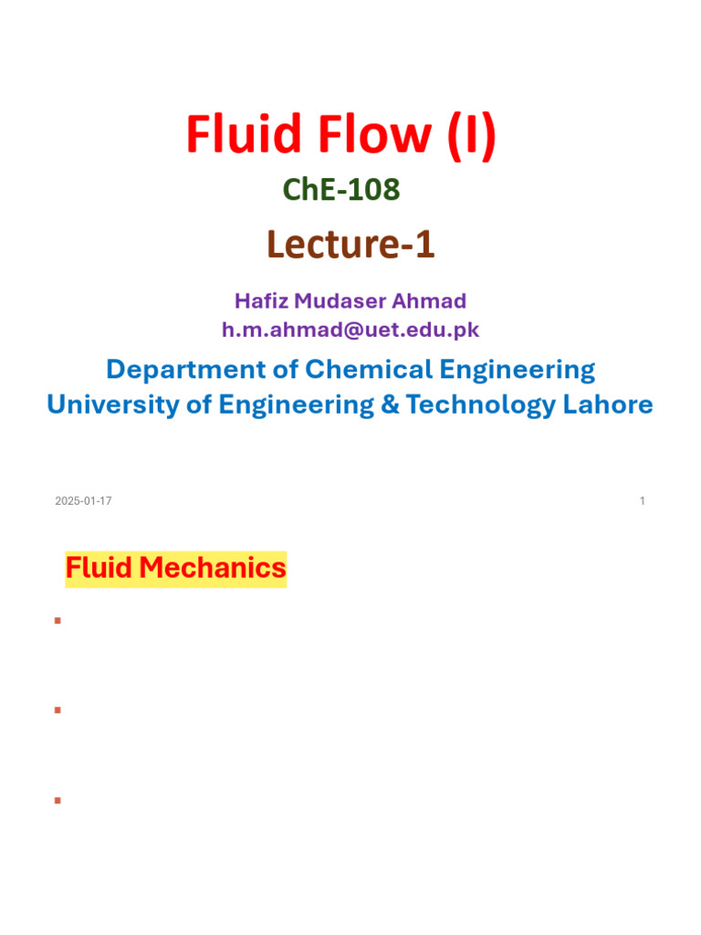 Fluid Flow (I) Lecture 1 (3) (1) | PDF | Fluid Dynamics | Density