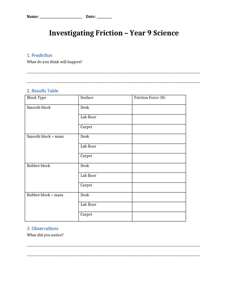 Friction Experiment Worksheet | PDF | Friction | Force