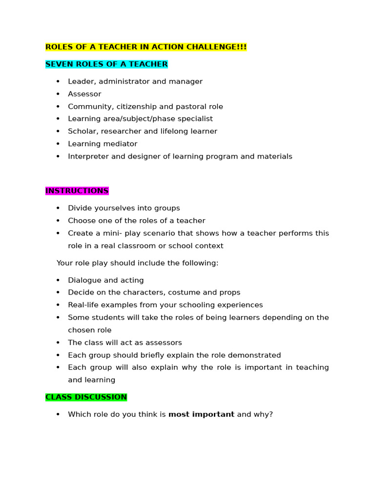 Seven Roles of a Teacher Classs Activity (1) | PDF