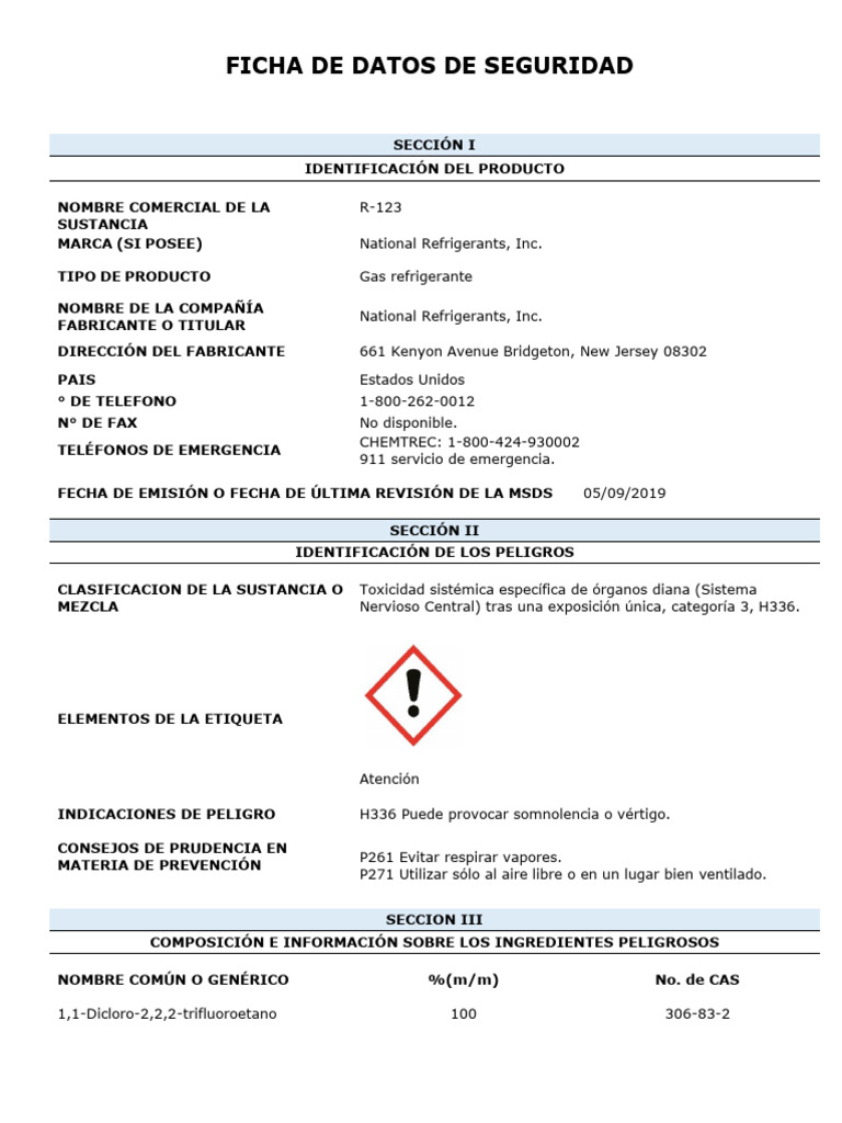 FDS Español R-123 | PDF | Química