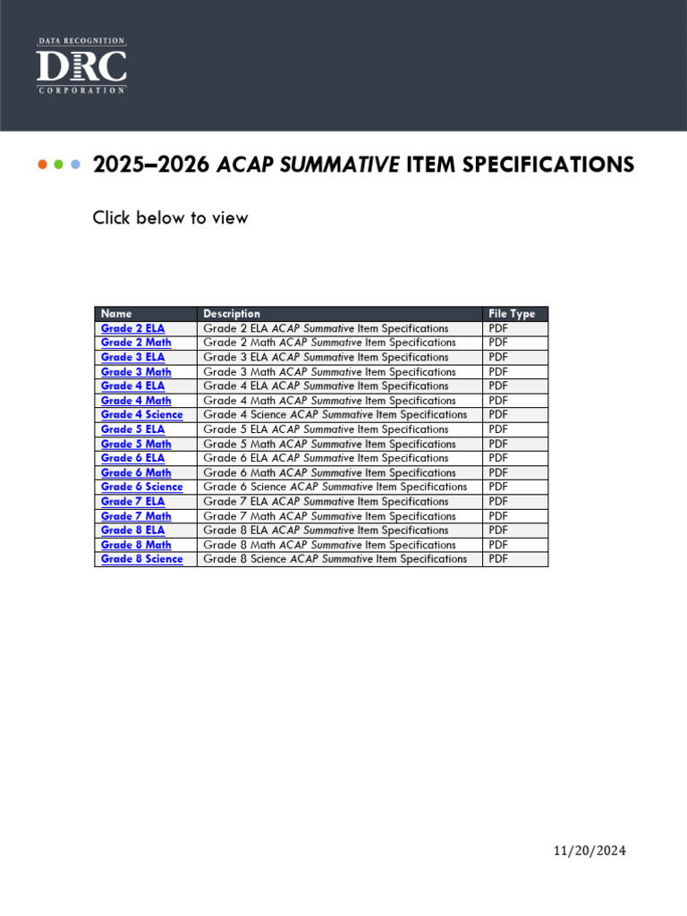 ACAP Summative Item Specs Quick Links - 11.18.25 | PDF