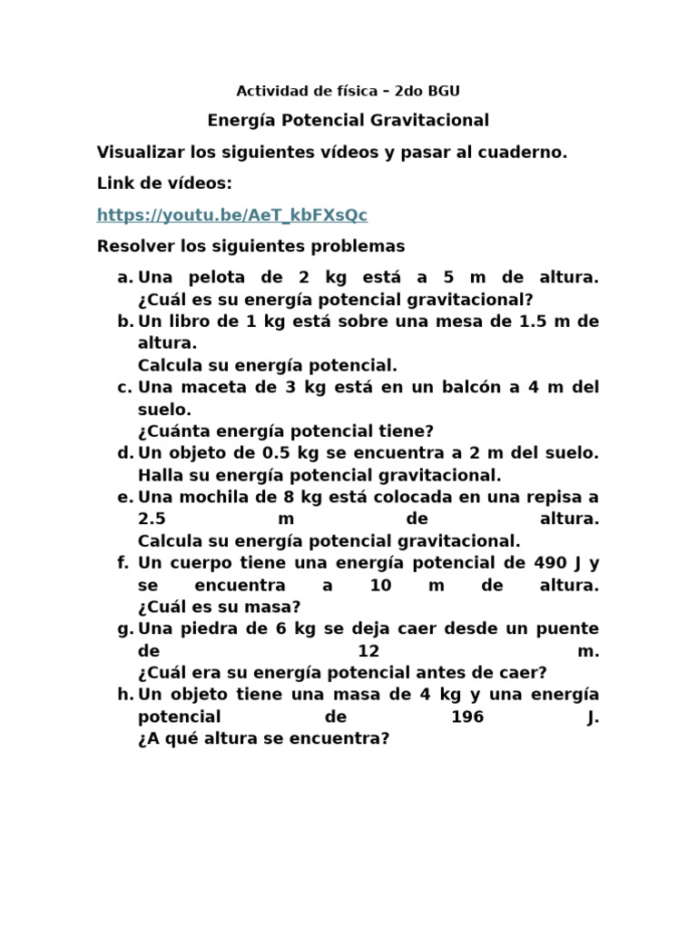 Actividad de Física - 2do BGU, Energía Potencial | PDF