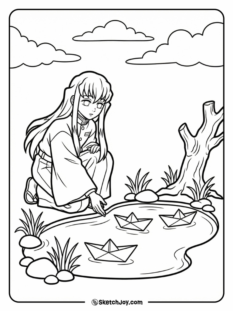 Muichiro and Paper Boats in a Pond Coloring 2 | PDF
