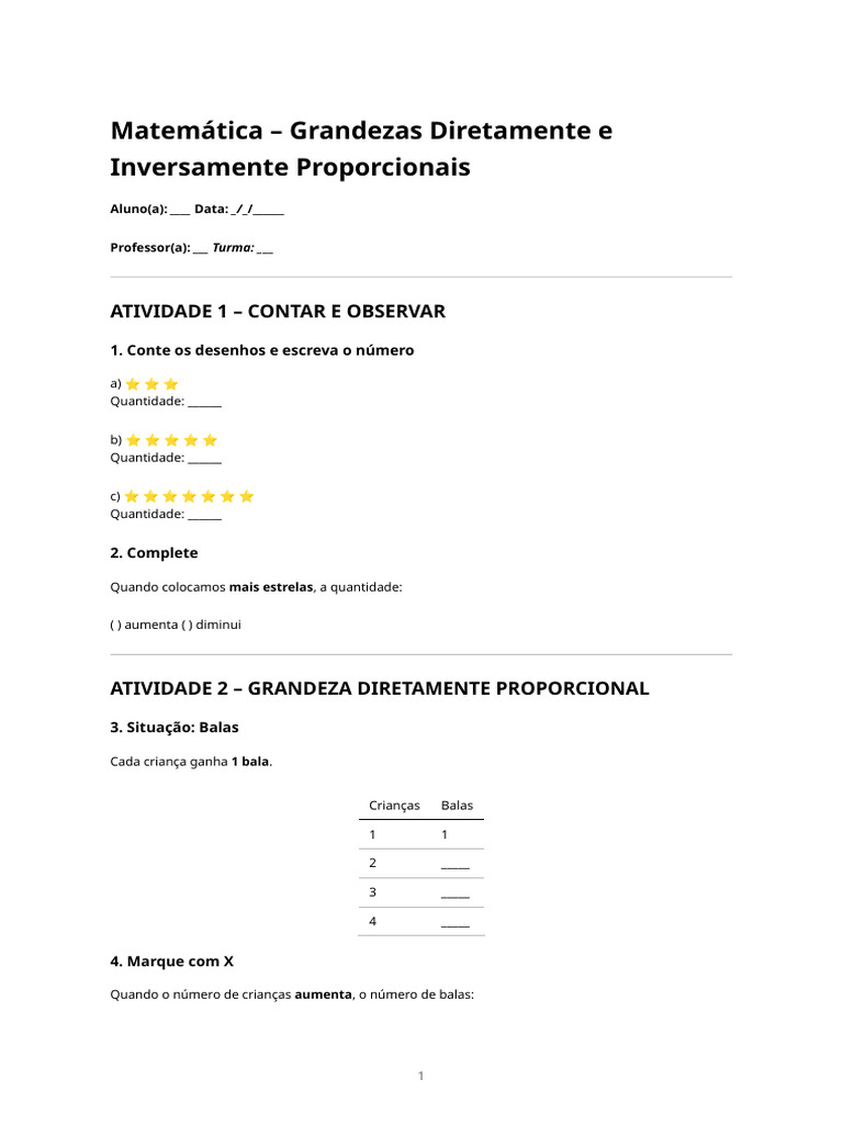 Atividade – Grandezas Diretamente E Inversamente Proporcionais | PDF