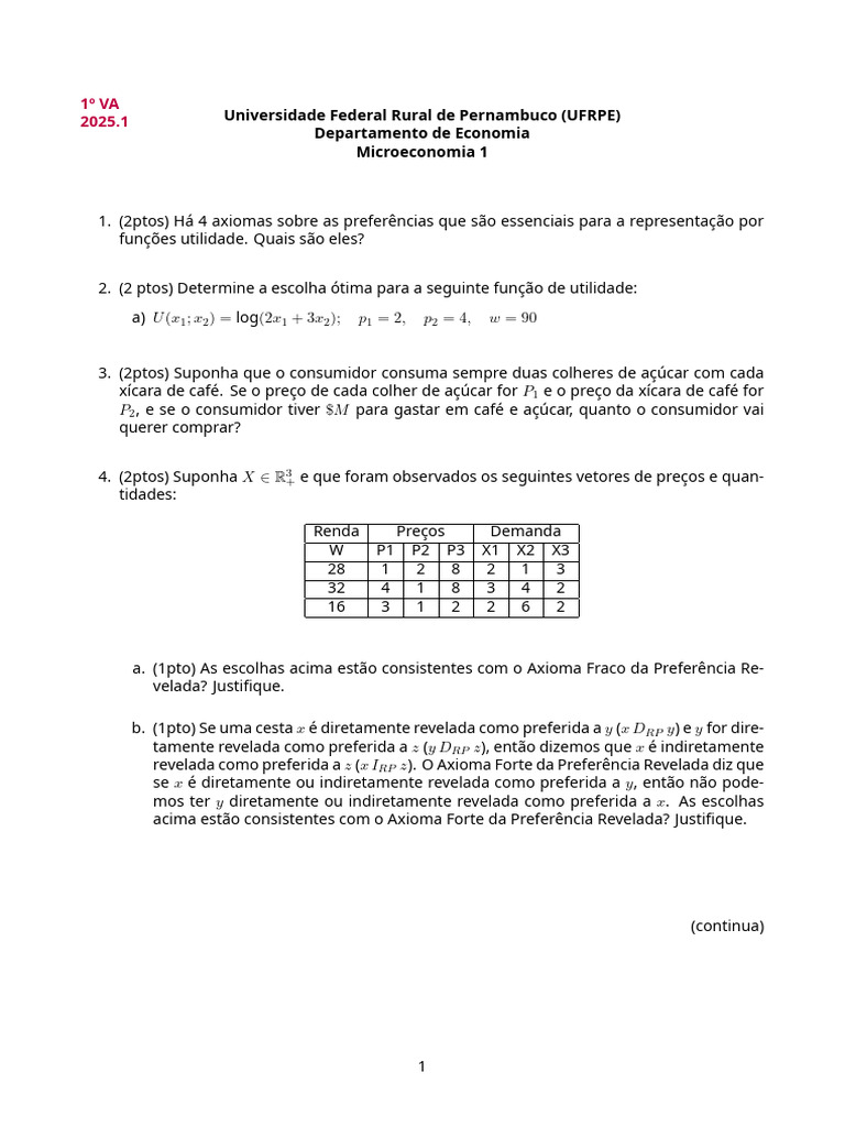 Prova 1VA Micro I (versão 6 - Respondida) | PDF | Microeconomia ...