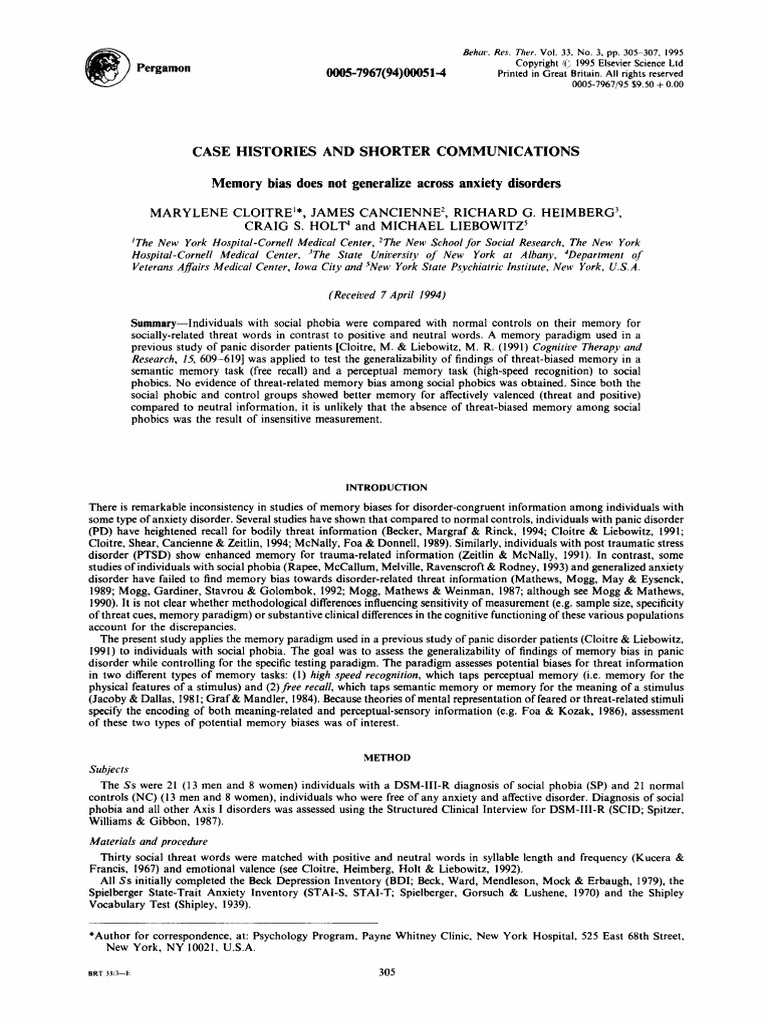 Memory Bias Does Not Generalize Across Anxiety 1995 Behaviour Research ...
