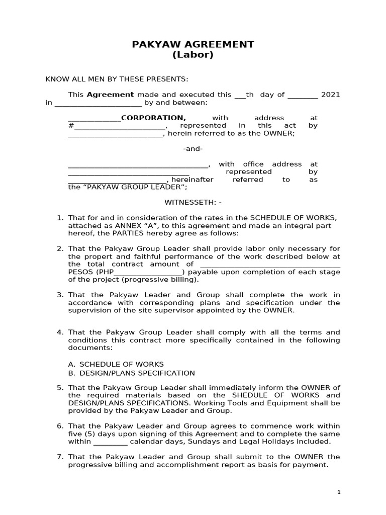 Pakyaw Agreement - Forms | PDF