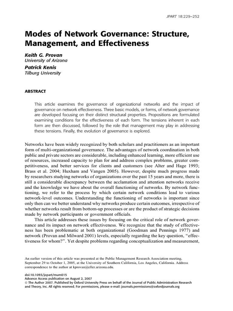 Provan Kenis 2008 Modes of Network Governance Structure Management and ...