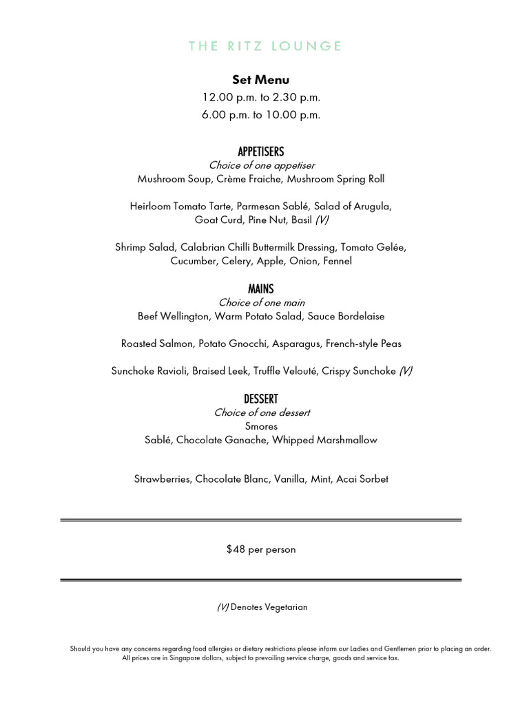 The Ritz Lounge Set Menu | PDF