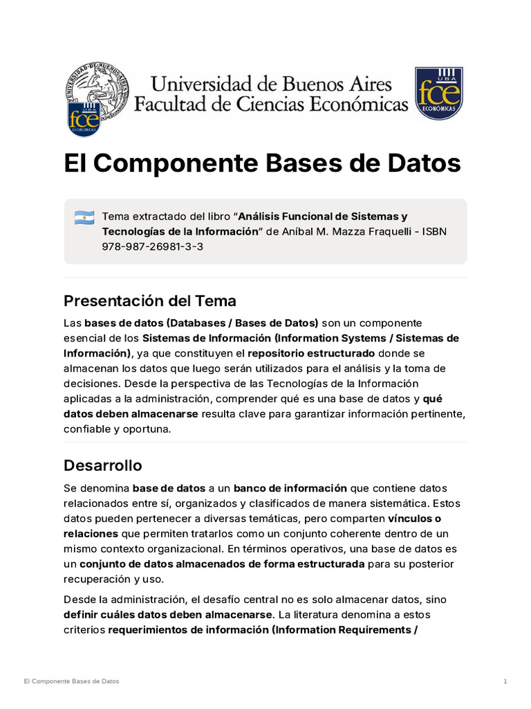 El Componente Bases de Datos | PDF | Bases de datos | Datos