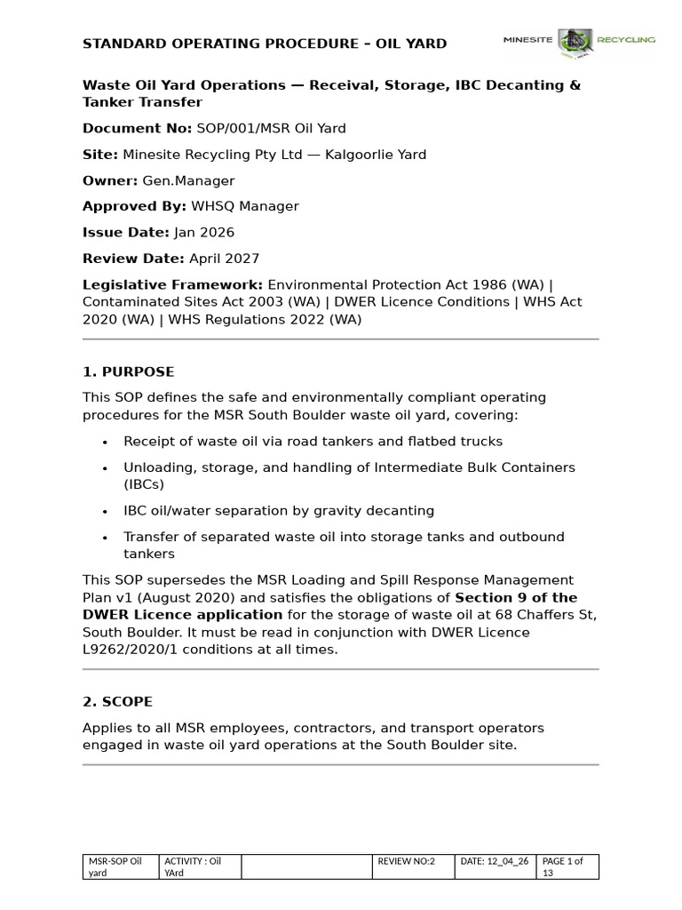 Standard Operating Procedure Oil Yard Sample | PDF | Waste | Oil Tanker