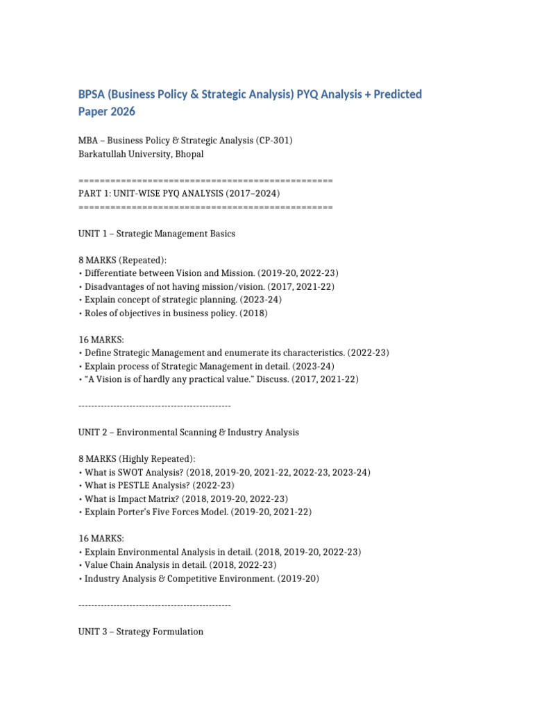 BPSA PYQ Analysis and Predicted Paper 2026 | PDF | Strategic Management ...